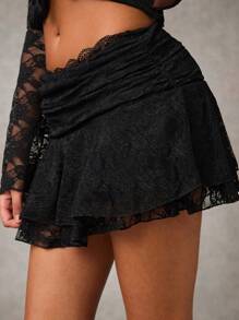 SHEIN BAE Black Lace Sweet Romantic Western Paneled Ballet Style Ruffled Mini Skirt - Black - View 3