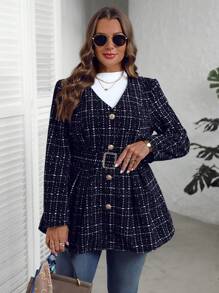 EMERY ROSE Cappotto invernale per donne taglie forti, con collo a V, maniche lunghe, elegante blazer aderente, stampa plaid, adatto per primavera e autunno - nero - Visualizzare 4