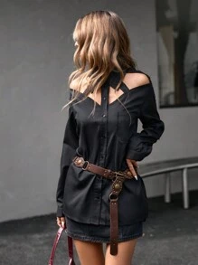 GENKIRA 时尚简约镂空露肩前扣领女式衬衫 女士秋季服装 - 黑色 - 查看 1