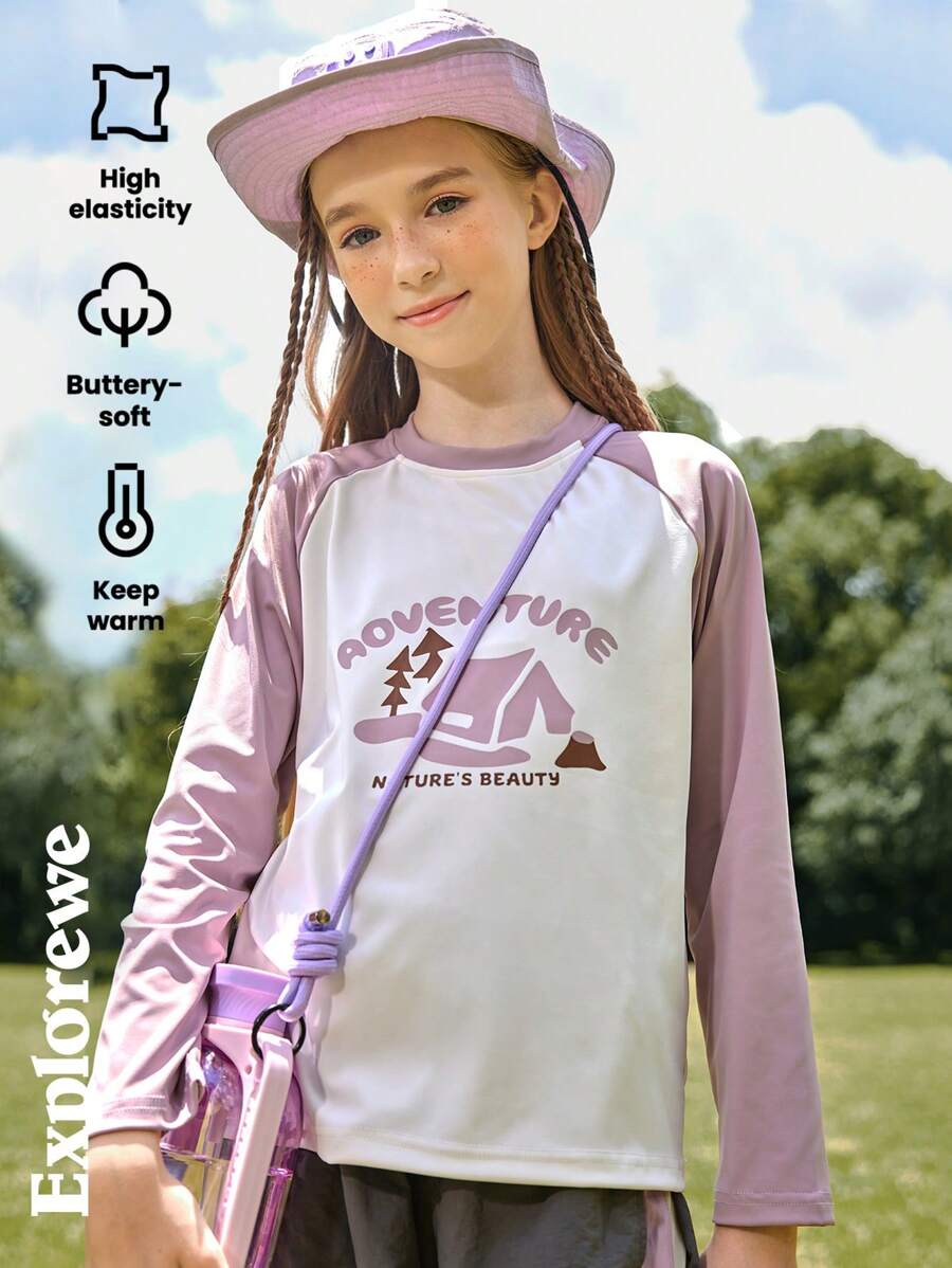 SHEIN Langarm Mädchen T-Shirt im Outdoor Freizeitstil für den Herbst, Kontrasfarbige Blockdesign Camping Musterung, bequemer, atmungsaktiver, weicher Stoff, geeignet für Outdoor-Aktivitäten, Camping, Stadtbummel - Verschiedenfarbig - Übersicht 1