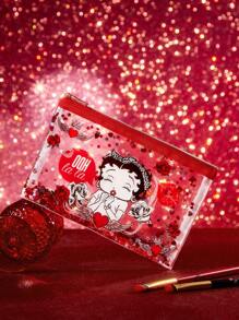 Betty Boop x SHEIN Estuche de cosméticos transparente brillante con personajes de dibujos animados y estampado floral de rosas, regalo para el amante