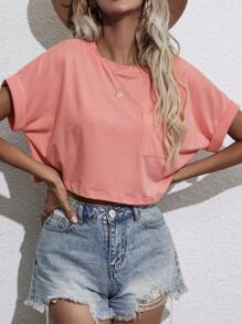 SHEIN LUNE 蝙蝠袖口袋貼布短版T恤 - 珊瑚粉 - 查看 6