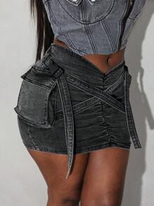 SHEIN Slayr Váy mini xếp nếp màu trơn chữ V - Màu xám đen - Xem 5