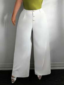 SHEIN SXY 大码白色纽扣前休闲阔腿西装裤 - 白色 - 查看 1