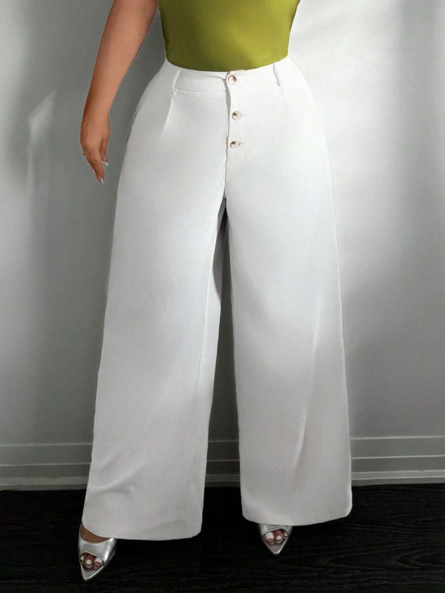 SHEIN SXY 大码白色纽扣前休闲阔腿西装裤 - 白色 - 查看 1