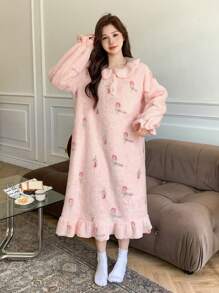 DAZY Flannel Sweet Pattern Allover Print Ruffle Hem Thick Nightgown Pajama,Thermal Lined Fall,Winter - Pink - View 5