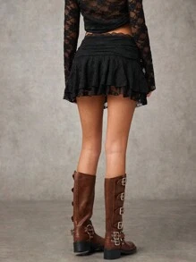 SHEIN BAE Black Lace Sweet Romantic Western Paneled Ballet Style Ruffled Mini Skirt - Black - View 2