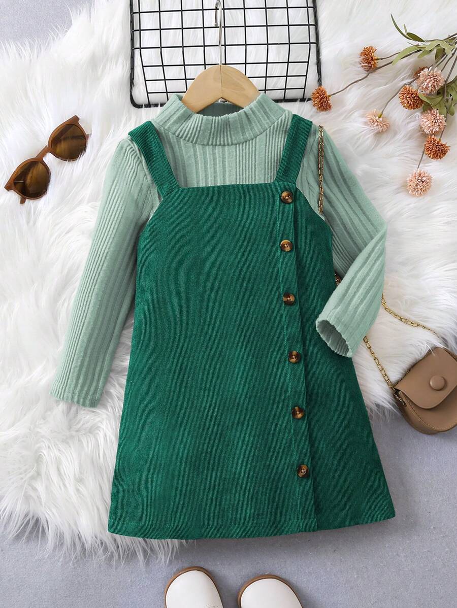 SHEIN Elladie kids 年轻女孩通勤学校不对称吊带连衣裙套装 - 墨綠色 - 查看 1