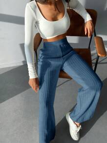 RueChic Solid Ribbed Knit Wide Leg Pants - Blue - View 6