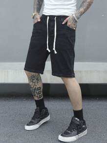 Manfinity EMRG Men's Drawstring Waist Flap Pockets Bermuda Casual Denim Shorts - Black - View 3