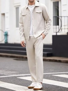 Manfinity VCAY 2pcs/Set Men's Notched Collar Fitted Jacket Outfit, Suitable For Autumn - Beige - View 1