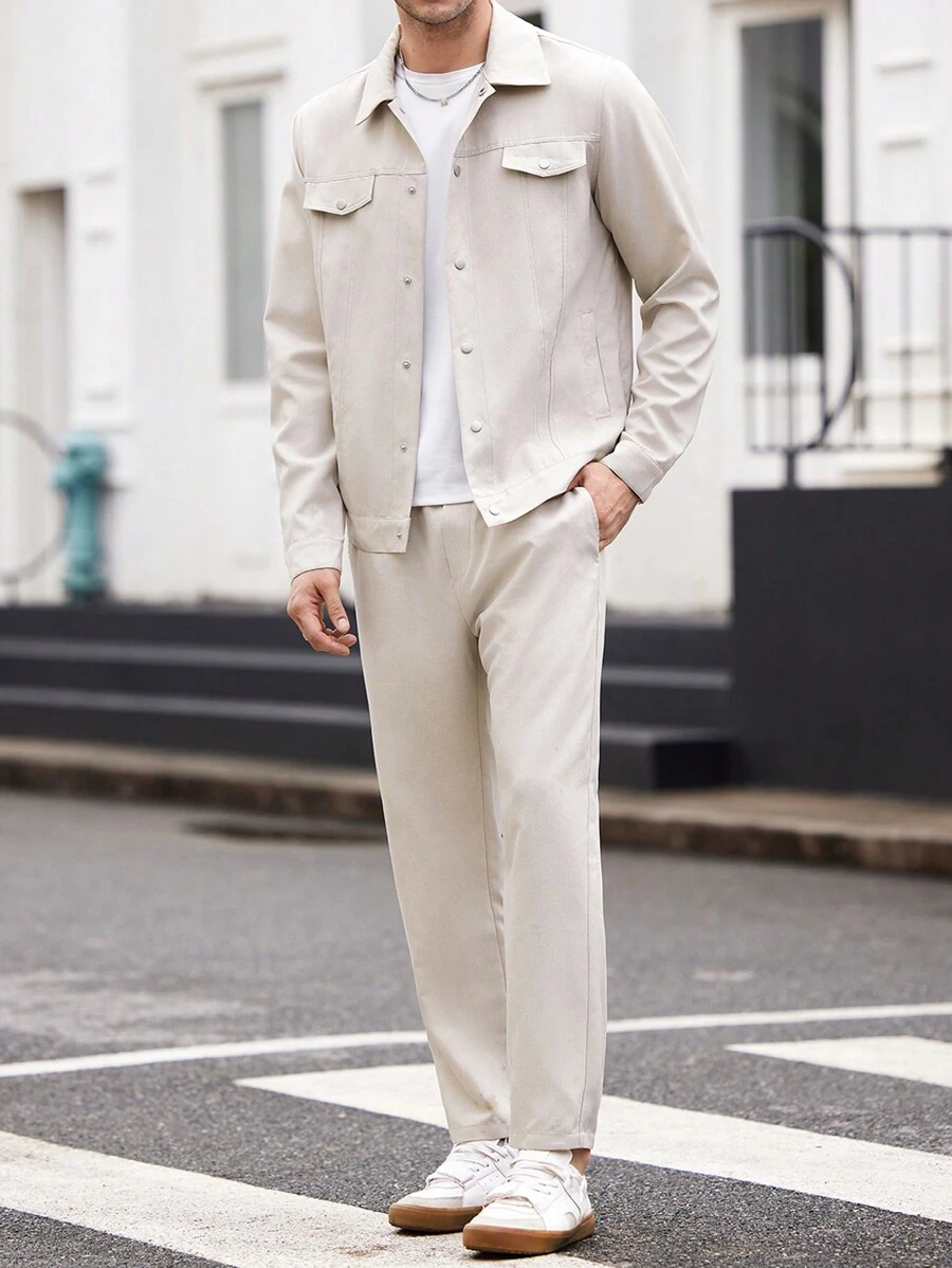 Manfinity VCAY 2pcs/Set Men's Notched Collar Fitted Jacket Outfit, Suitable For Autumn - Beige - View 1