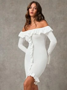 SHEIN BAE Đầm len ôm sát vai Ruffle Hem màu trơn thanh lịch dành cho nữ, mùa xuân/thu - trắng - Xem 3