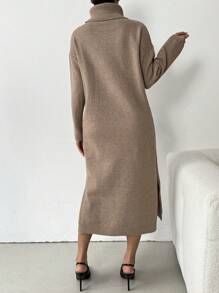 Chiquease 女士高领长袖纯色休闲宽松开叉设计毛衣连衣裙