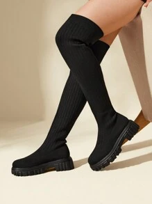 CUCCOO BASICS Women Shoes Minimalist Knit Detail Thick Sole Black Over Knee Boots Vacation Shoes Summer Back To School Shoes College Student Shoes Spring Shoes Spring Break Easter