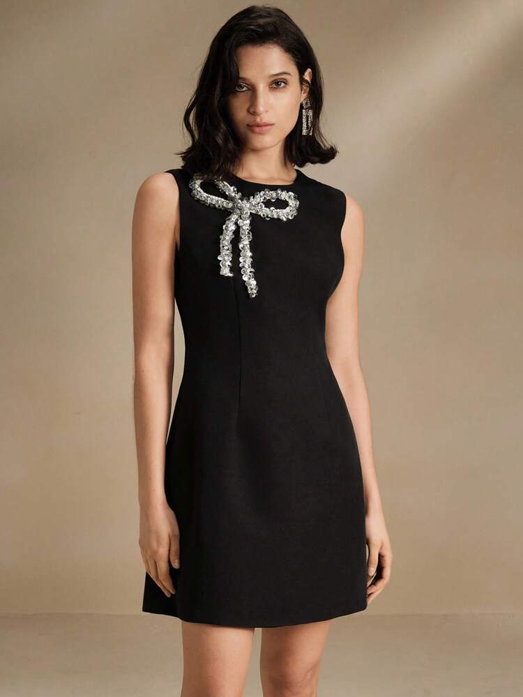 Elegant Beaded Bow Tie Black Sleeveless A-Line Dress