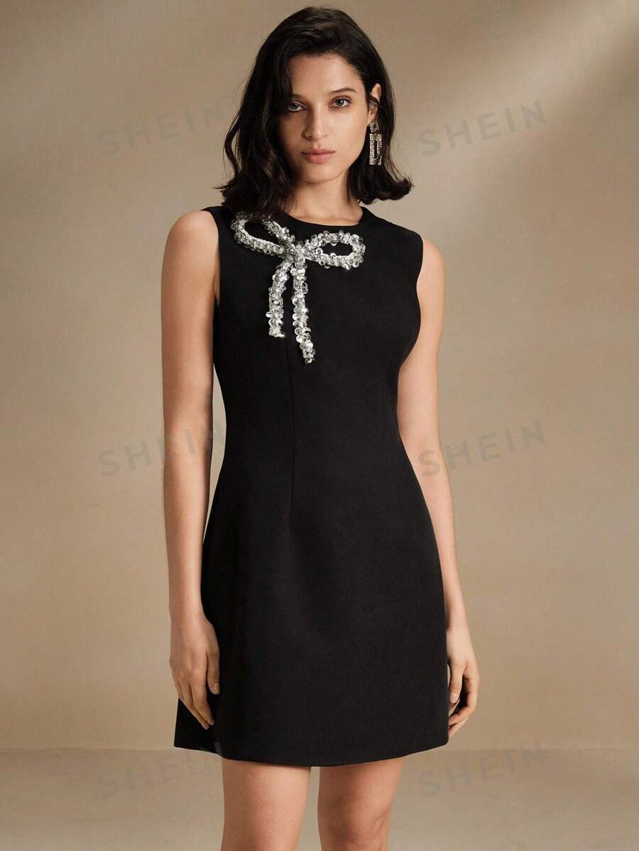 Anewsta Rochie elegantă cu papion cu margele, neagră, fără mâneci - Negru - Vizualizare 1