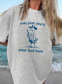 INAWLY Áo thun họa tiết logo Silly Goose rộng rãi phong cách cổ điển dành cho nữ, Áo thun họa tiết mùa hè dành cho nữ - Màu Xám nhạt - Xem 3