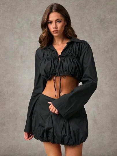 SHEIN BAE Women's Solid Color Long Sleeve Pleated Front Tie Hem Fashionable Blouse, Spring & Summer