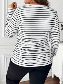 SHEIN LUNE T-shirt rayé vintage à manches longues et col rond, casual, grande taille, pour femmes, vêtements d\'automne - Noir et Blanc - Voir 2