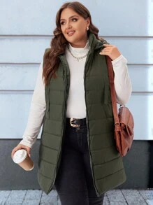 EMERY ROSE Plus Size Women Plain Hooded Padded Vest Jacket With Pockets,Fall/Winter,Winter Women Coat Autumn - Army Green - View 5