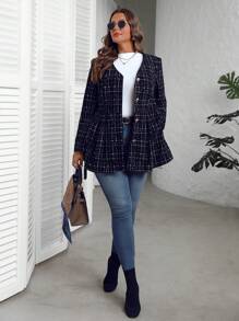 EMERY ROSE Cappotto invernale per donne taglie forti, con collo a V, maniche lunghe, elegante blazer aderente, stampa plaid, adatto per primavera e autunno - nero - Visualizzare 3