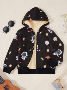 OIPOIG Young Boy Casual Hooded Warm Jacket With Cosmic Element Prints, Fall & Winter - Black - View 1