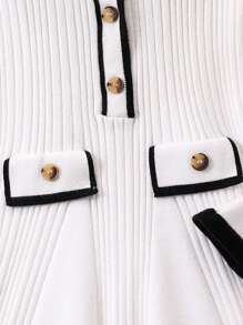 Tween Girl French Luxury Color Block Turtleneck Flare Sleeve Cinched Waist Knit Sweater Dress, Fall/Winter - Black and White - View 5