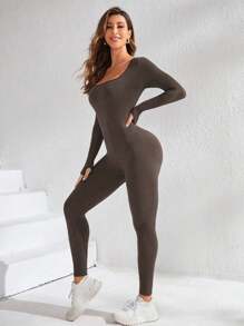 Easithlete One Piece Solid Rib Knit Sports Jumpsuit - Coffee Brown - View 4
