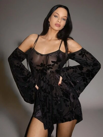 SHEIN ICON Vestido elegante de gasa con estampado floral, asimétrico, ajustado, de tirantes finos y espalda descubierta para mujer