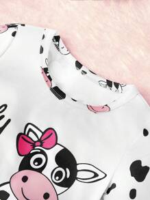 2 piezas Conjunto de pijama con pantalón corto y manga corta con estampado de vaca ajustado para niña joven