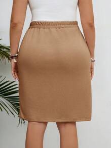 SHEIN LUNE Falda recta casual con bolsillo y cintura con lazo para mujer de talla grande - Marrón Mocha - Ver 2