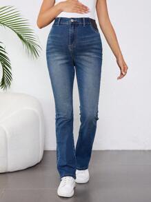 SHEIN Pregnant Women Casual Skinny Flare Jeans With Rhinestone, Blue, For Maternity