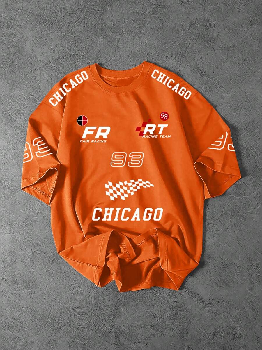 Manfinity EMRG Men's Summer Letter Print Round Neck Short Sleeve Casual T-Shirt - Orange - View 1