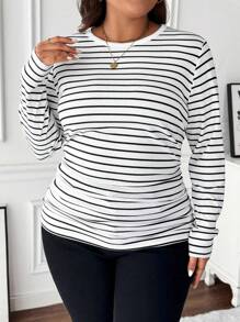 SHEIN LUNE T-shirt rayé vintage à manches longues et col rond, casual, grande taille, pour femmes, vêtements d\'automne - Noir et Blanc - Voir 3