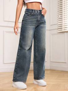 SHEIN PETITE 休闲洗水直筒牛仔裤 - 深色水洗藍 - 查看 5