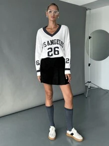 SHEIN Essnce 女式 V 领套头衫，校园风格，春/秋 - 白色 - 查看 4