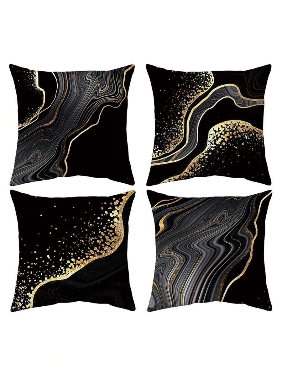 4 件套黑色抱枕套，装饰性黑色和金色枕套，黑色装饰枕套，沙发垫套，家居装饰客厅枕套 4 件套，圣诞节节日礼物 - 黑色 - 查看 1