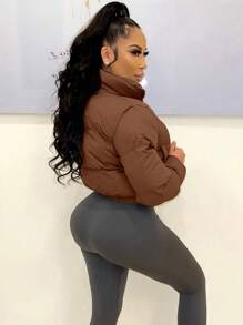 Women Short Stand Collar Front Zipper Warm Jacket - Coffee Brown - View 2