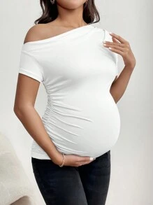 SHEIN 孕妇不对称领口褶皱短袖T恤