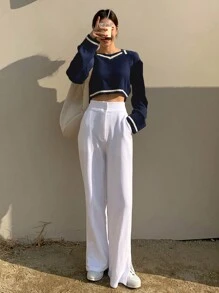 DAZY Women's Color Block Patchwork Cropped Preppy Style Sweater,Long Sleeve Tops Fall - Navy Blue - View 3