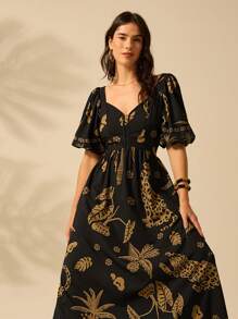 CAJUNI Women's Vacation Boho Casual Beach Tropical  Coconut Tree And Leopard  Prints Half-Sleeved Bishop Sleeve Summer Dress