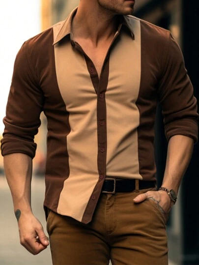 Manfinity Homme Herren Lässige Kontrast Cord Patchwork Shacket, Frühling Herbst