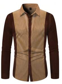 Manfinity Homme Chaqueta casual de hombre con parches de pana de color contrastante, para primavera y otoño - Marrón - Ver 3