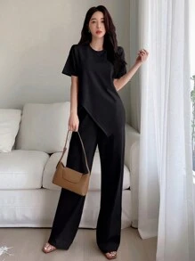 DAZY 不对称短袖T恤和阔腿裤休闲套装，2件套/套 女士家居服套装 - 黑色 - 查看 6