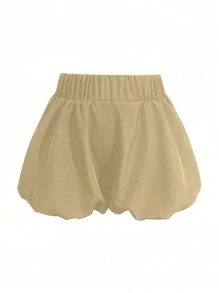 SHEIN Women's Solid Color Casual Minimalist Daily Shorts - Khaki - View 9