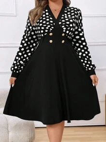 Celure Plus Size V-Neck Contrast Color Polka Dot Patchwork Waist Cinched Printed Metal Button Decor Dress