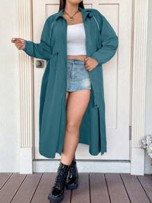 Flirla Plus Size Nữ Màu Trơn Raglan Tay Dài Tay Dây Rút Eo Dáng Rộng Áo Khoác Dài, Mùa Xuân & Mùa Thu - Màu xanh bụi bặm - Xem 5