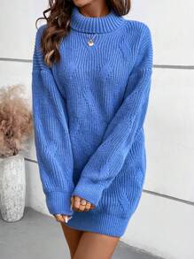 SHEIN LUNE New American Casual Style High Neck Pullover Knitted Bodycon Blue Sweater Dress