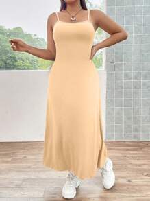 Flirla Plus Size Spaghetti Strap Backless Fitted Elegant Versatile All-Match Dress - Apricot - View 3